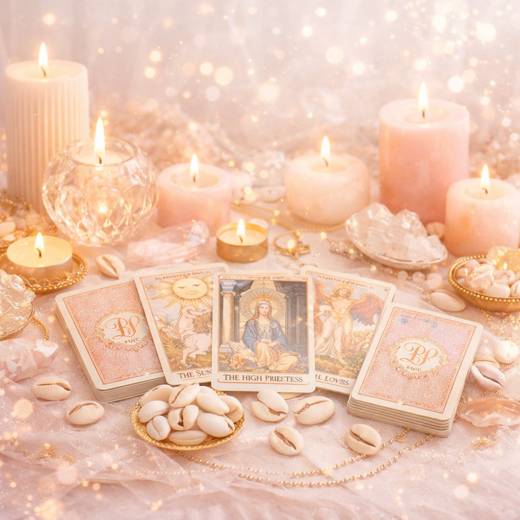Mesa com cartas de tarô e velas em tons claros